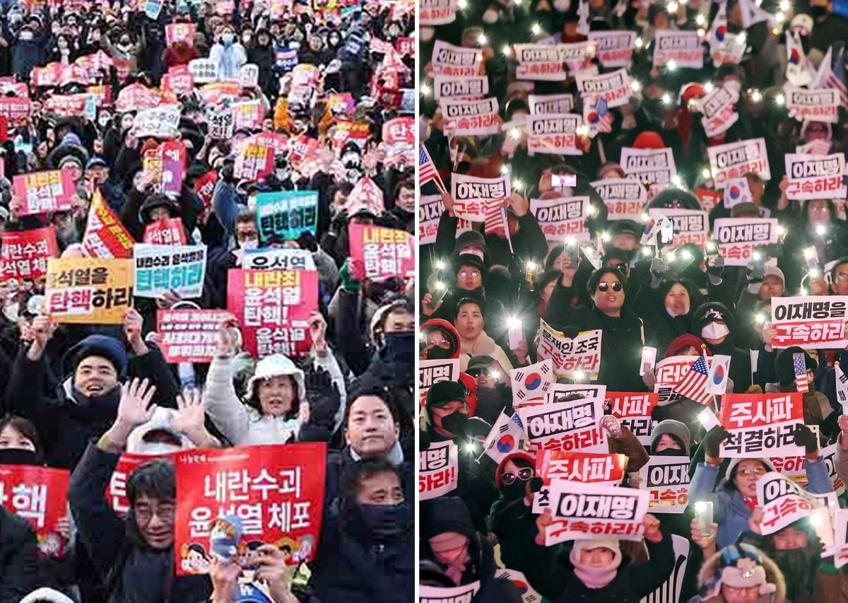 지난 7일 서울 시내 곳곳에는 탄핵 찬반 집회가 열렸다. 윤 대통령의 퇴진·탄핵을 주장하는 진보 진영과 시민들은 여의도 국회 앞에서  탄핵에 반대하는 보수 진영은 광화문에서 집결해 맞불 집회를 벌이면서 서울 도심은 두 목소리로 갈라졌다. 사진 왼쪽은 서울 영등포구 여의도 국회의사당 앞에서 열린 '범국민촛불대행진'에서 시민들이 윤석열 대통령의 탄핵소추안 통과를 촉구하며 구호를 외치는 모습. 사진=뉴스1