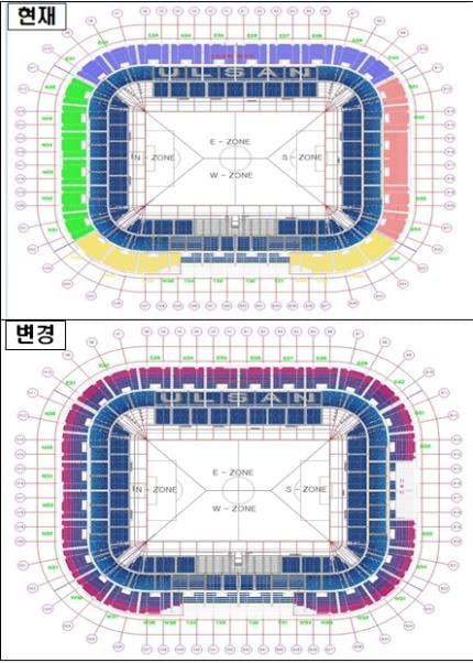 문수축구경기장 현재 관중석 색상(위)과 변경 예정인 색상(아래). 사진=울산시 제공