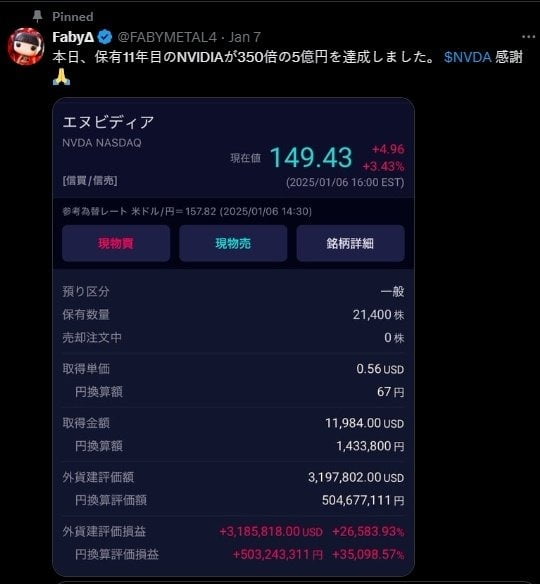 엔비디아 주식을 11년간 보유했다는 한 일본인이 5억엔(약 46억원)의 수익을 올린 자신의 계좌를 인증했다. /사진=X(구 트위터) 캡쳐