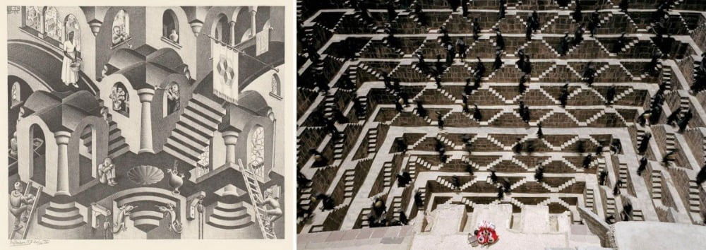 [좌] M.C. Escher의 <오목과 볼록>, 1955 / 사진출처. © The M.C. Escher Company – Baarn – Holland, [우] 영화 '더 폴: 디렉터스 컷' 스틸컷 / 사진출처. © IMDb