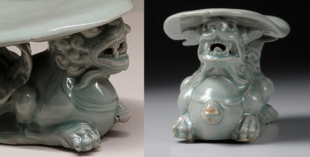 [좌] 카지노 바카라사자형베개(고려시대, 12세기) 측면 / 사진출처. © The Museum of Oriental Ceramics,Osaka [우] 카지노 바카라사자형베개(고려시대, 12세기), 사자 가슴에는 방울이 달려있다. / 사진. © 최영식