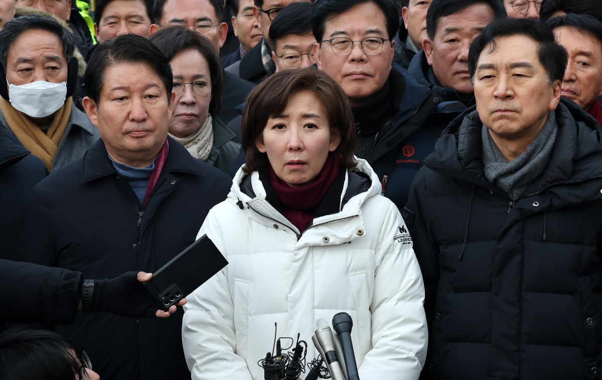 나경원 국민의힘 의원을 비롯한 여당 의원들이 6일 서울 용산구 윤석열 대통령 관저 앞에서 입장을 밝히고 있다. / 사진=뉴스1