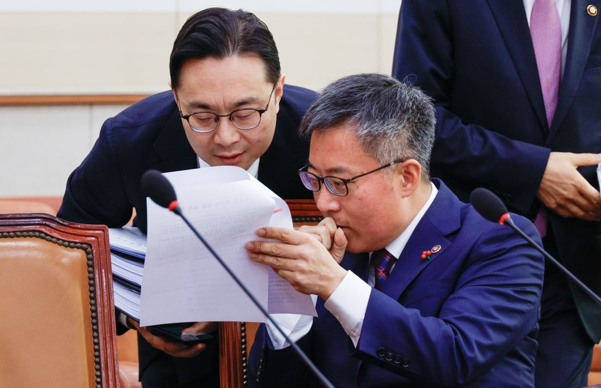 김석우 법무부 장관 직무대행(차관)이 10일 서울 여의도 국회에서 열린 법제사법위원회 제420회국회(임시회) 제3차 전체회의에 출석해 직원과 대화하고 있다. 사진=뉴스1