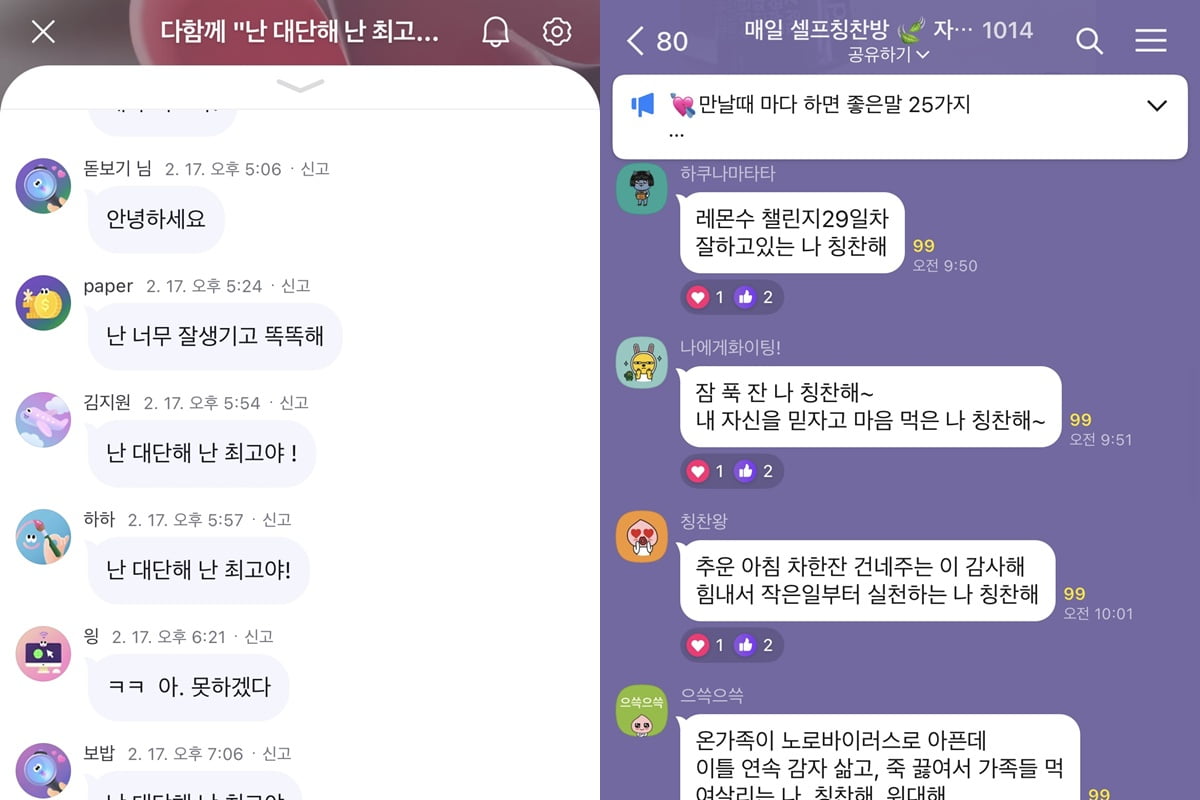 카카오톡 '셀프 칭찬' 오픈채팅방 모습. /사진=카카오톡 오픈채팅방 캡처.