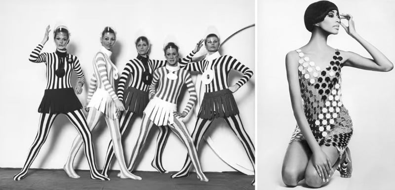 [좌] 피에르 가르뎅(Pierre Cardin)의 스트라이프 보디 슈츠와 울 스트라이프 스커트 A/W 1968 / 사진출처. © Pierre Cardin archives  [우] 파코라반(Paco Rabanne) 메탈 드레스 1966. 모델 도니알 루나(Donyale Luna) / 사진. © Guy Bourdin