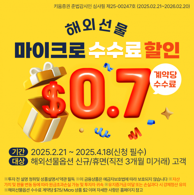 키움증권, 해외선물 마이크로 계약당 $0.7 적용 이벤트