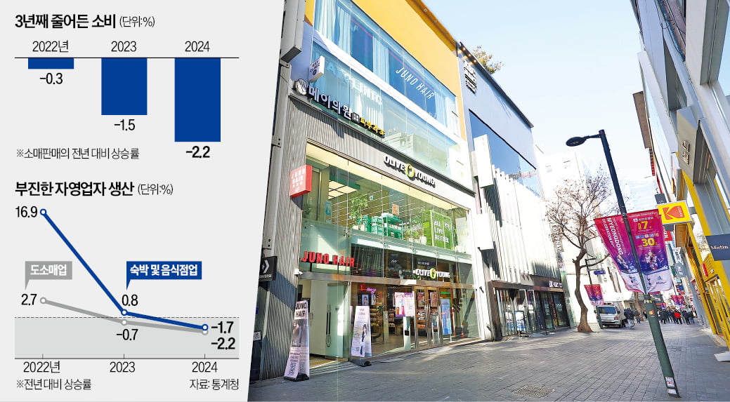 한산한 명동 거리   통계청이 3일 발표한 ‘2024년 12월 및 연간 산업활동동향’에 따르면 작년 전산업생산 지수는 113.6으로 전년보다 1.7% 증가했지만, 재화 카지노 게임를 뜻하는 소매판매액은 2.2% 줄어든 것으로 나타났다. 사진은 이날 서울 명동 거리 모습.  연합뉴스 