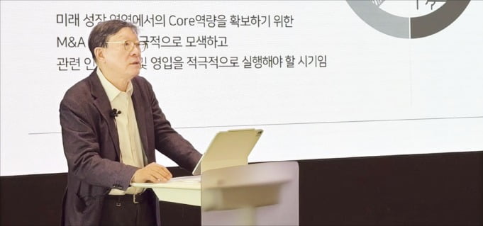 허태수 우리카지노추천그룹 회장이 지난달 3일 서울 역삼동 우리카지노추천타워 열린 신년 임원 모임에서 2025년 새해 경영 방침에 대해 발표하고 있다. /우리카지노추천그룹 제공