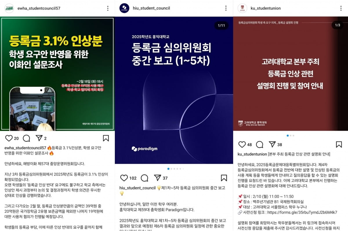홍익대, 이화여대, 고려대 총학생회 인스타그램 캡처화면