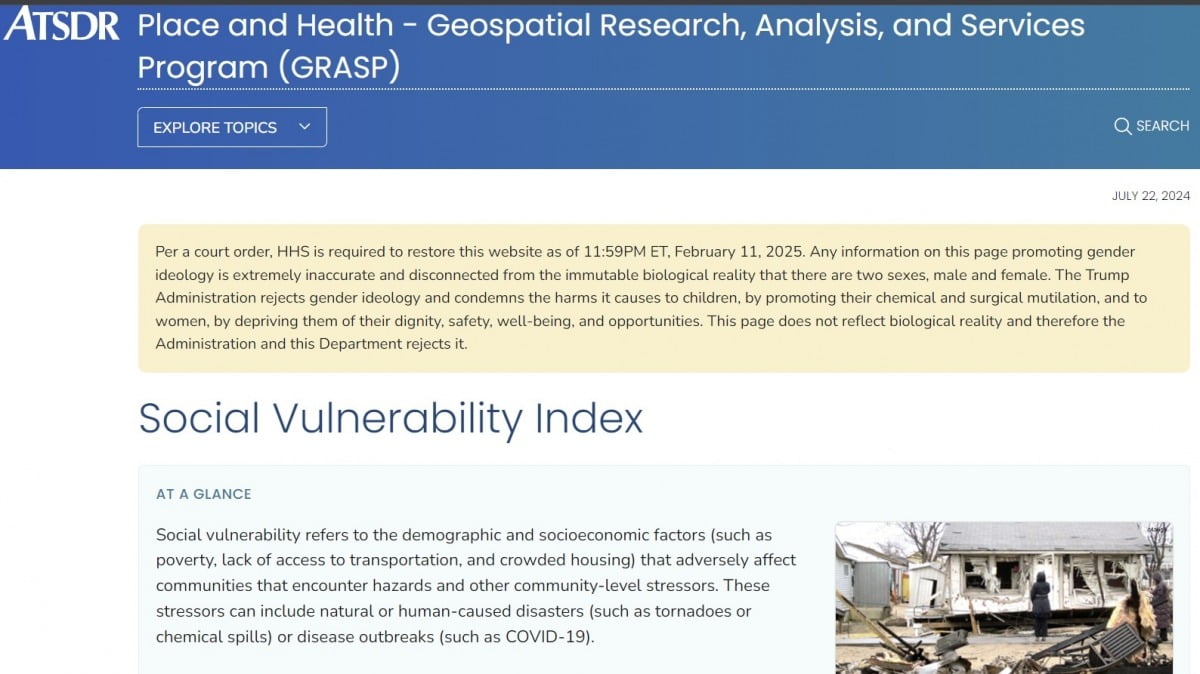 미국 질병통제예방센터의 사회취약성지수 관련 웹사이트. 법원 명령에 따라 이 페이지를 복원했지만 트럼프 행정부는 이 페이지가 생물학적 현실을 반영하지 않기 떄문에 이 문서를 거부한다는 내용이 포함됐다. 미 질병통제예방센터 홈페이지