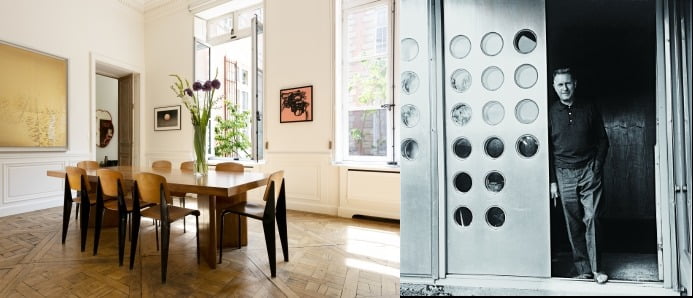(왼쪽) Jean Prouvé Stool No. 306, 1952, Solvay Stool, 1941. Visiteur Métropole FV 12 Armchair, 1948. Visiteur No. 352 Armchair, C. 1952. Guéridon Bas Adapted by Charlotte Perriand for Africa, 1952. (오른쪽) 전화인증없는 토토사이트 낭시의 집 앞에서 포즈를 취하고 있는 장 프루베.