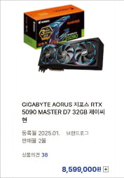 3일 국내 한 PC 부품 전문 온라인몰에 올라온 엔비디아의 그래픽카드 ‘RTX 5090’﻿. 859만9000원 가격표가 붙었다.