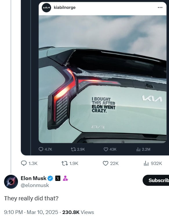 기아의 삭제된 광고와 일론 머스크의 반응 엑스(X, 옛 트위터) 캡쳐/사진=한국경제신문