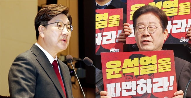 여야는 윤석열 탄핵심판 선고 이틀 전인 2일에도 여론전을 펼쳤다. 권성동 국민의힘 원내대표(왼쪽 사진)와 이재명 더불어민주당 대표(오른쪽 사진)가 상대 당을 비판샬롬토토 발언을 하고 있다. /강은구·최혁 기자