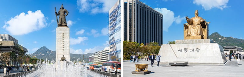 광화문광장 재구성 후 [좌] 이순신 장군 동상과 [우] 세종대왕 동상 / 사진출처. ⓒ SEOUL METROPOLITAN GOVERNMENT