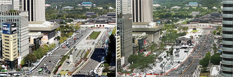 [좌] 과거의 광화문 광장, [우] 2022년 재구성된 광화문 광장 / 사진=필자 제공