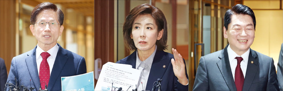 국민의힘 대선 경선 주자인 김문수 전 고용노동부 장관(왼쪽부터)과 나경원 의원, 안철수 의원이 16일 서울시청에서 오세훈 서울시장과 각각 회동했다. 오 시장은 지난 12일 불출마를 선언한 바 있다.  뉴스1·연합뉴스