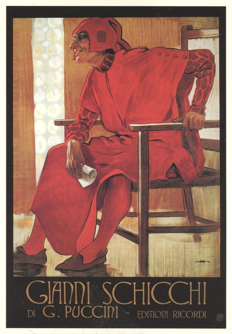 잔니 스키키의 초연 당시 포스터 / 그림. Leopoldo Metlicovitz, 출처. 위키피디아