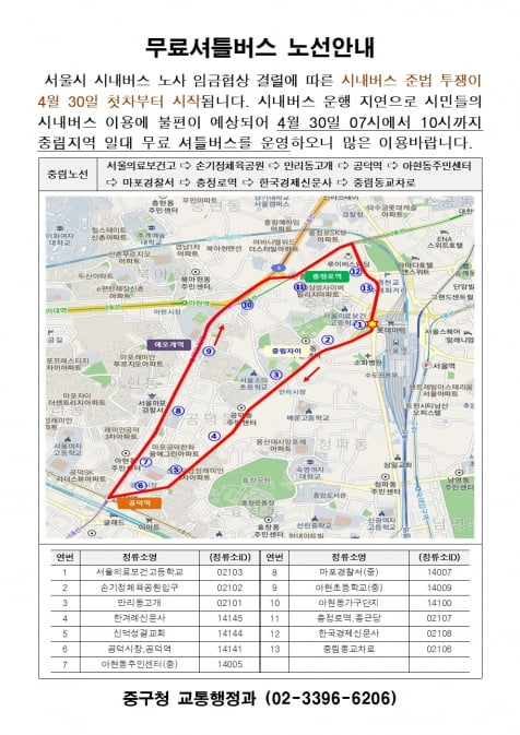 중림 지역 무료셔틀버스 노선. 중구 제공