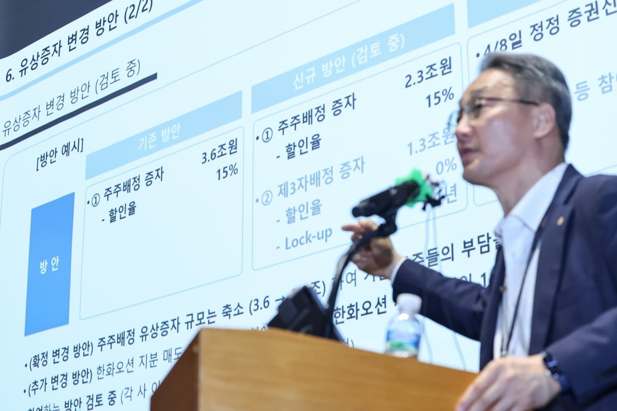 안병철 한화에어로스페이스 전략총괄 사장이 지난 4월 8일 서울 중구 장교동 한화 그룹 본사에서 열린 '한화에어로 미래 비전 설명회'에서 중장기 투자 계획 및 최근 유상증자 관련 입장 발표를 하고 있다. 사진=뉴스1