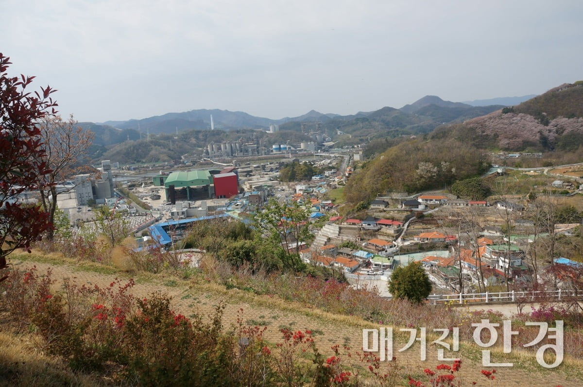 나릿골 정상에서 바라본 삼척 시내 전경. 나릿골감성마을, 포항역, 삼표시멘트 공장 등이 한눈에 보인다. /사진=정초원 기자