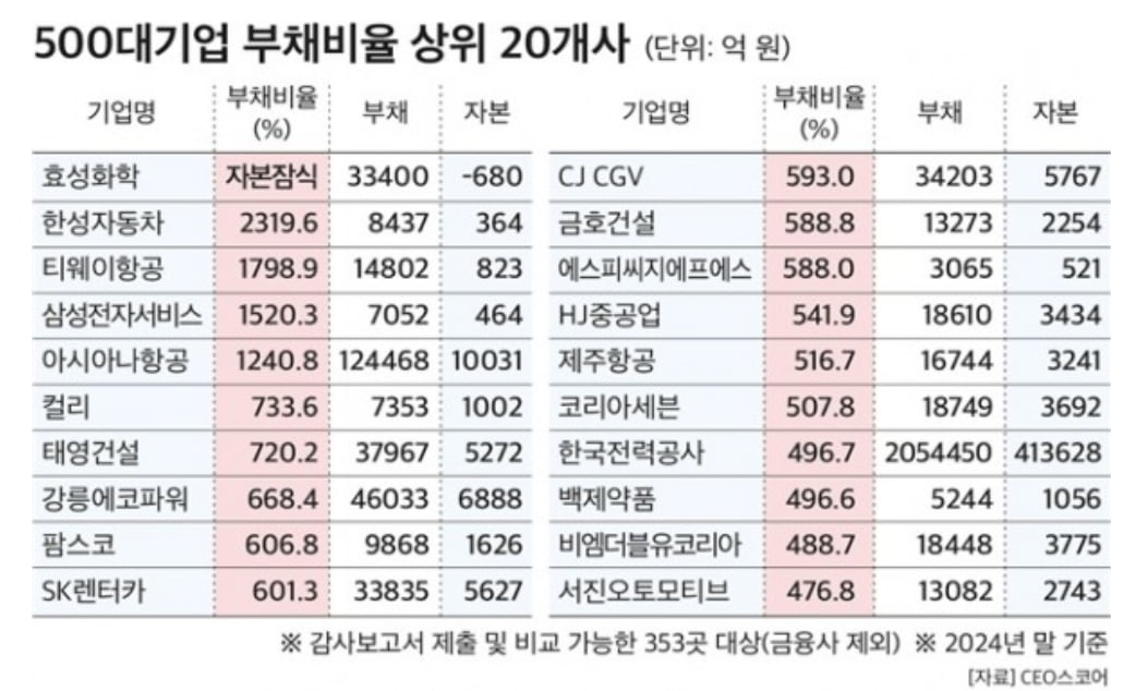“부채에 짓눌린 재계” 500대 기업 중 효성화학 ‘자본잠식’ 유일