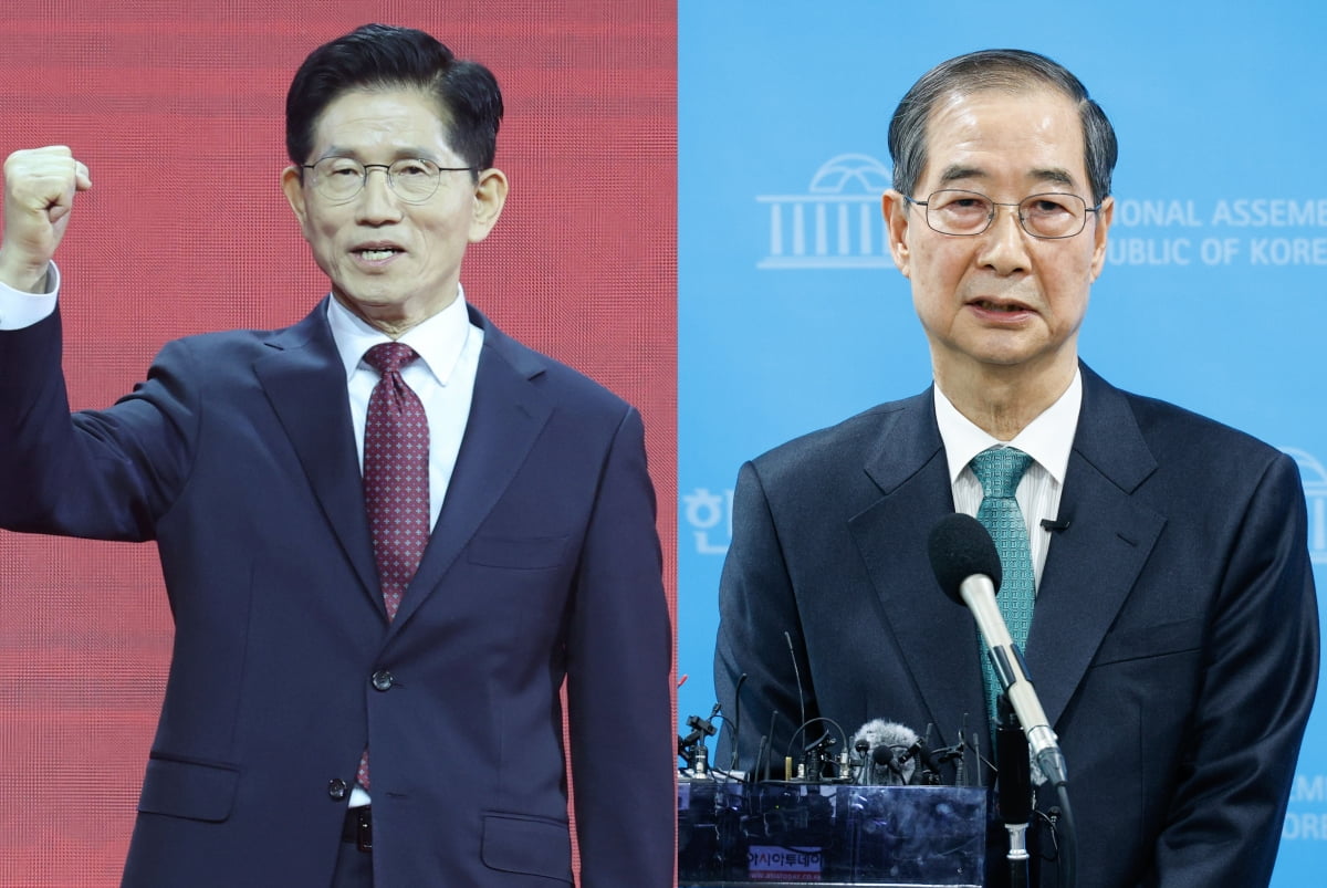 김문수 국민의힘 대선 후보(왼쪽)와 21대 대선 출마를 선언한 한덕수 전 국무총리 /사진=연합뉴스