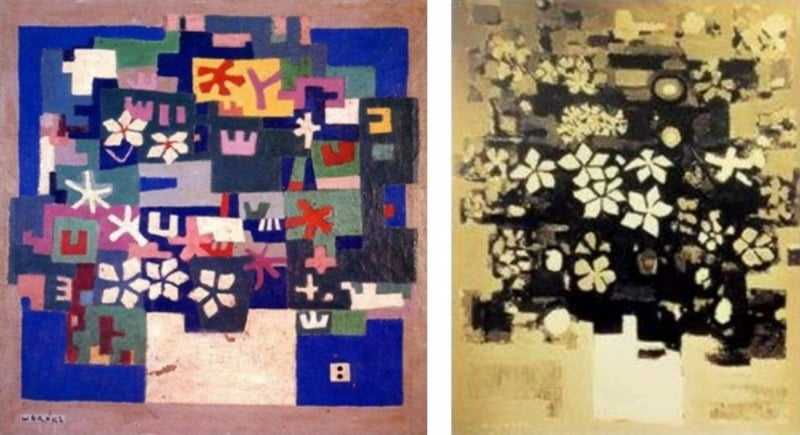 [좌] 김환기 <꽃>(연도미상(30년대 후반 추정)), 캔버스에 유채, 41×41㎝, 개인소장 [우] 무라이 마사나리 <가을꽃>(1937), 캔버스에 유채 / 제공. 박주형 