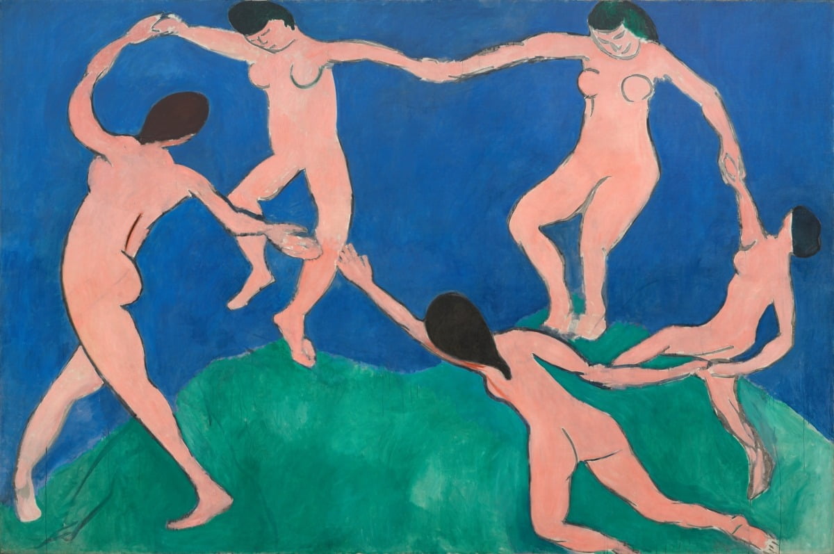 춤, 첫번째 버전(1909). 세르게이 슈추킨이 의뢰해 제작한 작품이다. 슈추킨은 바쁜 하루를 보낸 뒤 집에 걸린 이 작품을 보고 마음의 위안을 얻었다고 한다./뉴욕현대미술관