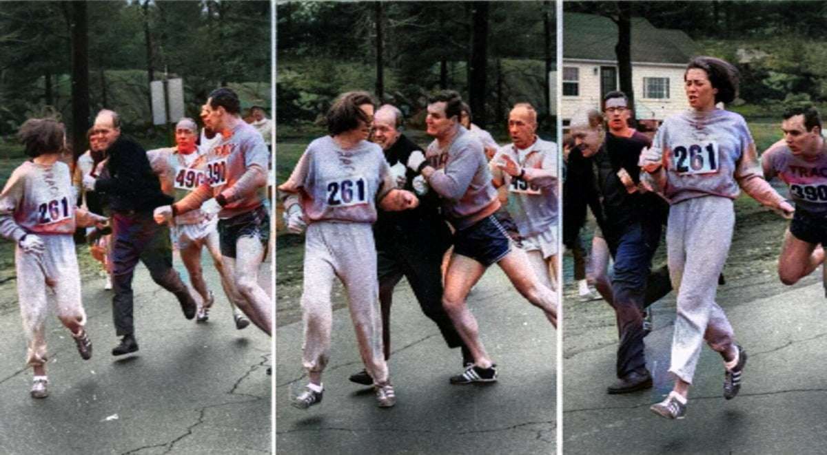 1967년 여성은 출전할 수 없었던 보스턴 마라톤에 참여한 20살의 캐서린 스위처(Kathrine Switzer)가 조직위원에게 발각돼 제지를 당하고 있다. 하지만 함께 뛰던 러너의 도움으로 완주를 마칠 수 있었다. /ⓒ Boston Herald