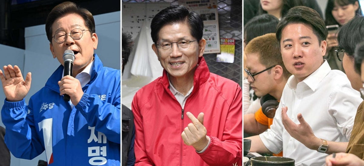이재명 더불어민주당 대선후보가 12일 경기 화성시 동탄센트럴파크에서 열린 유세에서 연설하고 있다(왼쪽). 김문수 국민의힘
대선후보가  12일 서울 송파구 가락시장을 찾아 유세하며 상인들과 기념촬영을 하고 있다(가운데).  이준석 개혁신당 대선후보가 12일 서울
연세대학교에서 유세를 하며 학생들과 점심 식사를 하고 있다(오른쪽) /강은구, 김범준 기자
