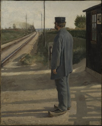 링 마을의 철도노동자(1884). 그림 속 인물은 허름한 옷을 입고 낡은 신을 신고 있다. 피곤에 지친듯한 분위기, 축 늘어진 어깨 등을 감안하면 그의 형편이 넉넉잖다는 것을 알 수 있다. 당시는 덴마크에 철도가 깔린 지 얼마 되지 않았을 때였다. 국가 전체의 경제 발전은 가속화됐지만, 사람과 물건이 도시로 빨려들어가면서 농촌 지역은 더욱 어려워진 상황을 표현한 작품이다. /스톡홀름 국립박물관
