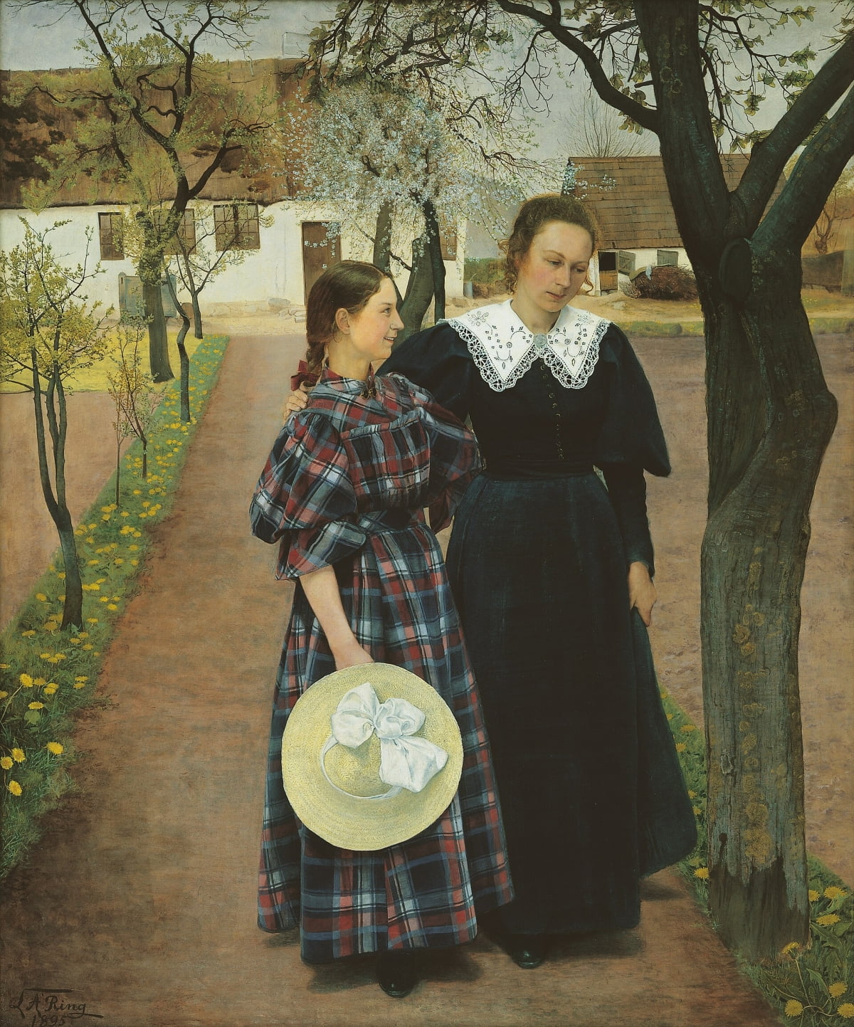 히르슈스프룽 컬렉션(1895). 오른쪽이 아내가 될 시구르드, 왼쪽은 시구르드의 동생이다. 봄을 그린 그림이지만, 아직까지 화가의 마음에 남아 있는 우울감도 엿볼 수 있다. 하지만 결혼 이후 화풍은 완전히 달라지게 된다. /히르슈스프룽 컬렉션