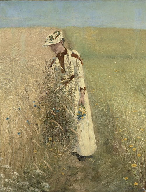 요한네 빌레가 야생화를 따고 있는 모습(1890). 그는 빌레 부부와 친하게 지냈고, 자신의 마음을 철저히 숨겼기에 아무런 의심도 받지 않았다. 그는 빌레 부부의 초상화를 여럿 그려 줬다. /덴마크 총리실