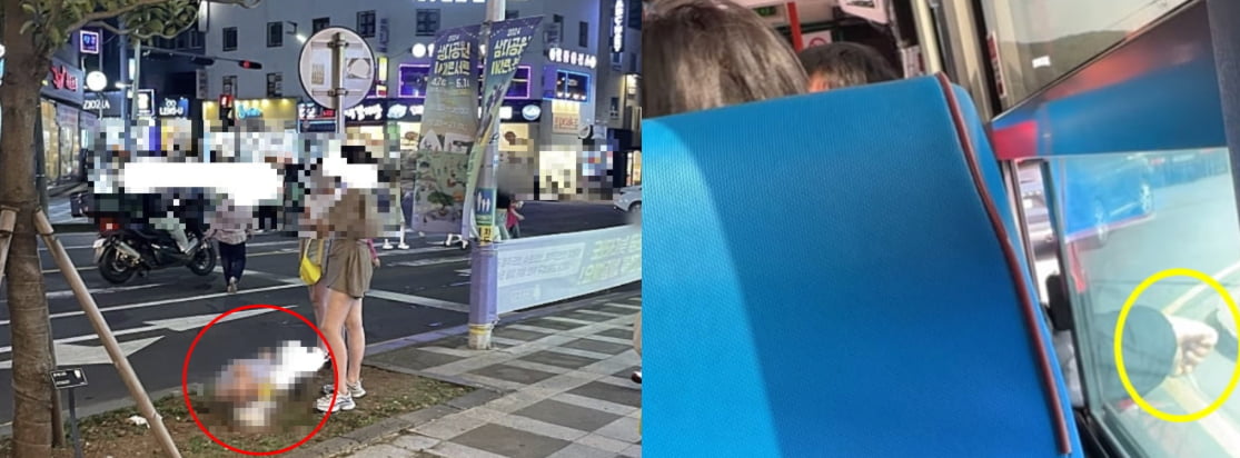 (왼)제주도의 한 대로변에서 중국인으로 추정되는 아이가 대변을 보고 있다.(오) 버스에서 담배꽁초 버리는 중국인 사진 /출처=온라인 커뮤니티, 서경덕 교수 페이스북