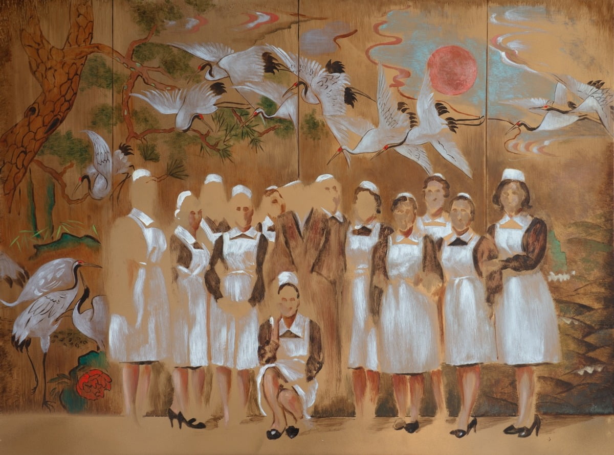 Nurses and Cranes - 2025, 60 x 80 cm, Oil on Alu-Dibond, 2025, framed / 사진제공. 초이앤초이갤러리, 헬레나 파라다 김