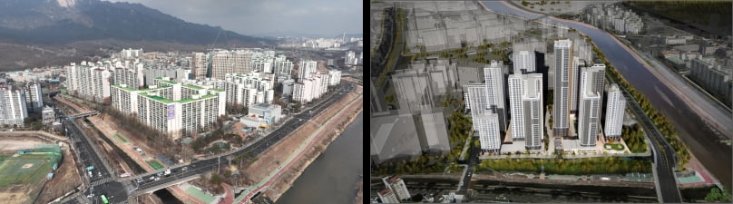 서울 도봉구 삼환도봉아파트 전경(왼쪽 사진)과 재건축 조감도. 도봉구청 제공