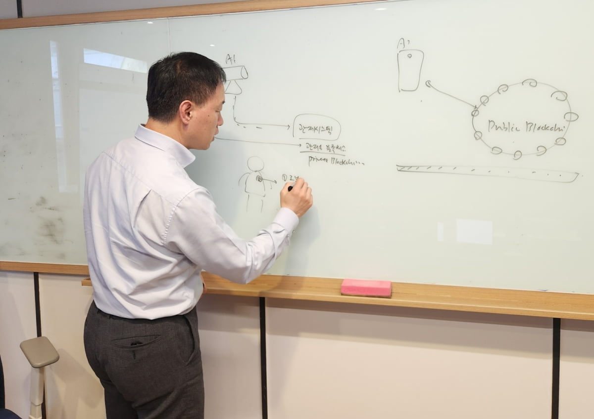 전명산 소셜인프라테크 대표가 온디바이스 블록체인과 퍼스널 블록체인에 관해 설명하고 있다. 사진=김대영 기자