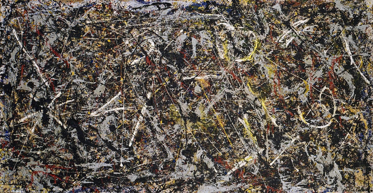 잭슨 폴록, Alchemy(1947) Oil, aluminum, alkyd enamel paint with sand, pebbles, fibers, and wood on commercially printed fabric, 45 1.8 x 87 1.8 inches(1146 x 2213 cm). / 그림출처 © The Pollock-Krasner Foundation