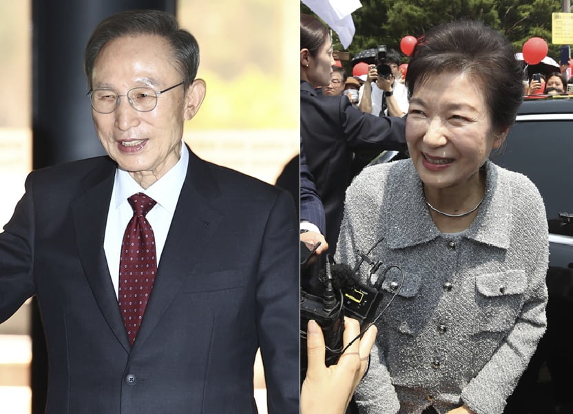 27일 김문수 파주 토토사이트와 만난 이명박 전 대통령과 박정희 전 대통령 생가를 방문한 박근혜 전 대통령 /사진=뉴스1·연합