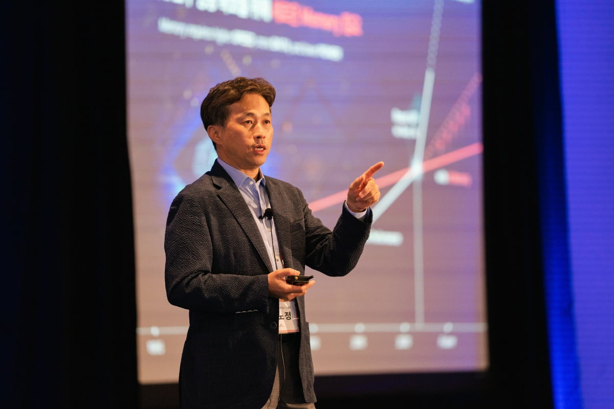 곽노정 청소년 토토사이트 추천하이닉스 대표이사 사장(CEO)이 지난해 열린 '2024 청소년 토토사이트 추천 글로벌 포럼'에서 기조연설을 하고 있다. 사진=청소년 토토사이트 추천하이닉스 제공