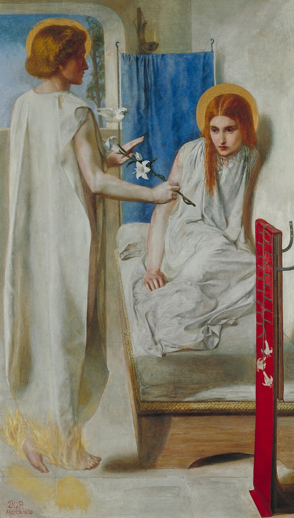주님의 여종을 보라(1850). 천사 가브리엘이 성모 마리아에게 나타나 예수의 임신 소식을 전하는 순간을 묘사한 '수태고지'를 모티프로 그린 작품이다. 성모 마리아는 기도하기 위해 무릎을 꿇은 대신 구겨진 침대에 누워 길고 주름진 하얀 잠옷을 입고 있는데, 이는 전형적인 신혼부부의 모습이었다. 반면 가브리엘은 날개 없이 헐렁한 하얀 가운을 입고 허벅지와 엉덩이를 드러내고 있다. 두 인물 모두 영적인 존재처럼 보이지만, 동시에 살아있는 육체를 지닌 것처럼 보인다. 신성 모독이라는 비판이 쏟아지자 로세티는 성경을 모티프로 한 그림을 거의 그리지 않게 되었다. /테이트