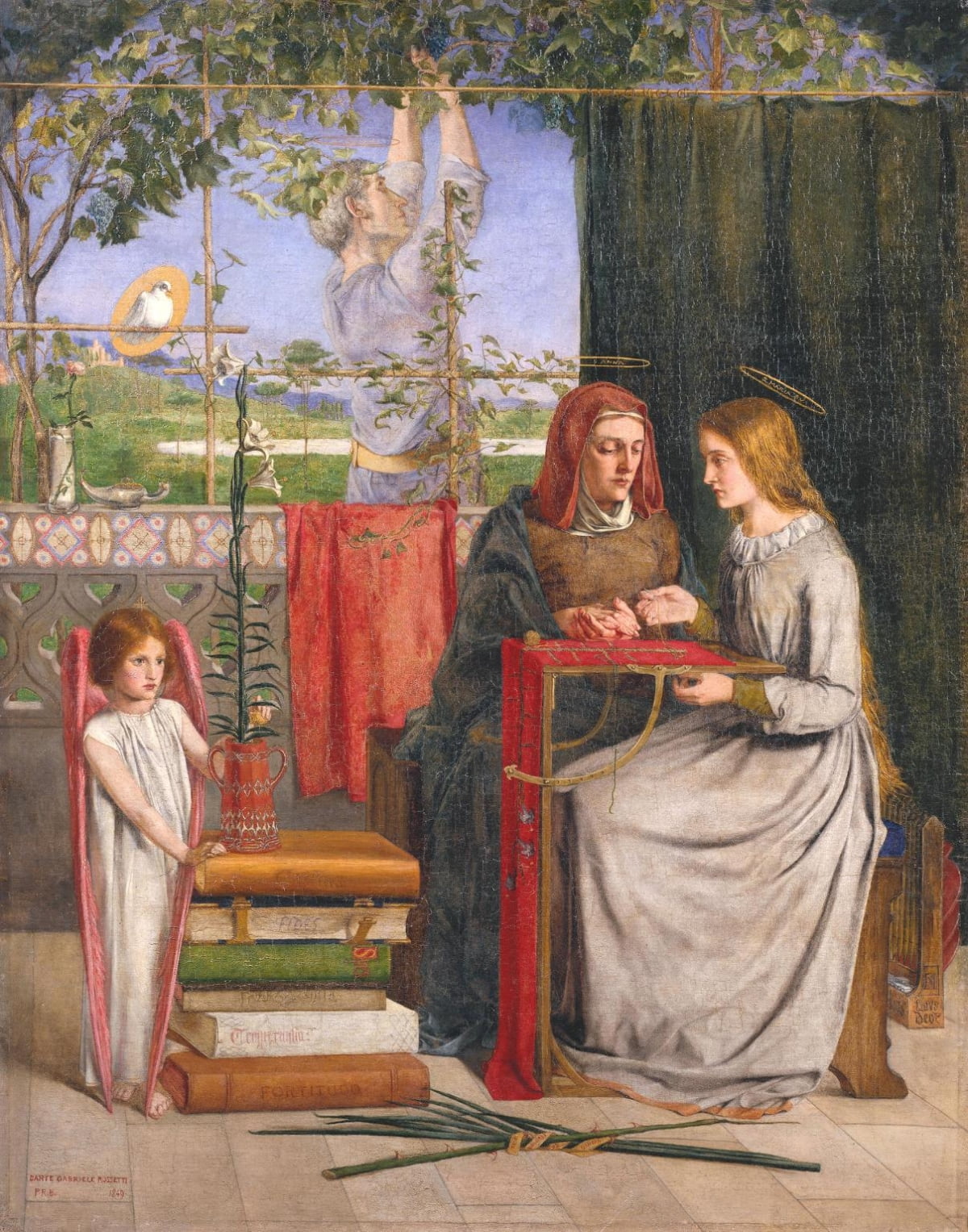 성모마리아의 소녀 시절(1849). 중세 종교화에서 성모 마리아의 어린 시절은 흔한 주제였다. 하지만 로세티는 자신의 가족을 모델로 삼아 등장인물들의 얼굴을 그렸고, 이는 격렬한 논쟁을 불러일으켰다. 성모 마리아는 그의 누나, 성모 마리아의 어머니인 성녀 안나는 어머니를 모델로 그려졌다. /테이트