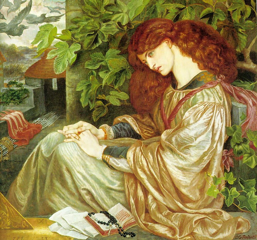 피아 데 톨로메이(1868). 제인 모리스와 불륜을 저지르기 시작할 무렵 그녀를 모델로 그린 작품이다. 단테의 '신곡' 연옥편에 나오는 이야기를 모티프로 그렸는데, 이야기 속에 등장하는 여성은 자신을 감금한 남편을 독살한 죄로 연옥에 갇혀 있다. 그는 이를 통해 친구인 윌리엄 모리스가 제인 모리스를 강제로 붙잡아 두고 있다는 자기기만적인 환상을 세상 사람들에게 반복적으로 전하려고 했다.  /스펜서 미술관
