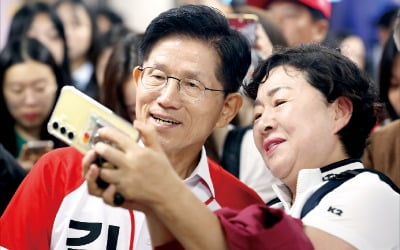[포토] 金, 신도림역서 ‘셀카’