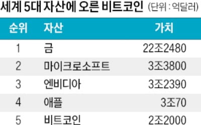 11만弗 넘은 비트코인, 글로벌 5대 자산 등극