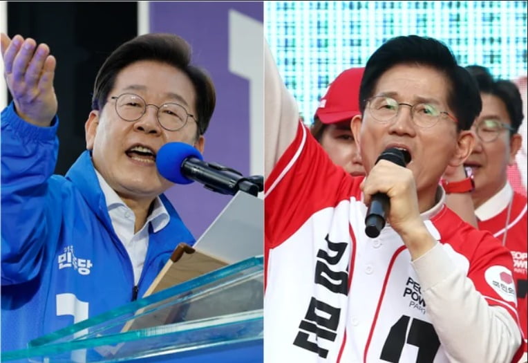 제21대 대통령 선출을 위한 공식 선거운동이 시작된 지난 12일 더불어민주당 이재명 대선 후보(사진 왼쪽부터)가 대전 으능정이거리 스카이로드에서, 국민의힘 김문수 대선 후보가 대구 서문시장에서 지지를 호소하는 연설을 하고 있다. 사진=연합뉴스