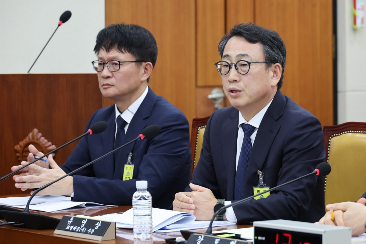 유영상 SK텔레콤 대표(오른쪽)가 8일 국회 과학기술정보방송통신위원회가 연 ‘SK텔레콤 해킹 관련 청문회’에서 의원들 질문에 답하고 있다.  뉴스1