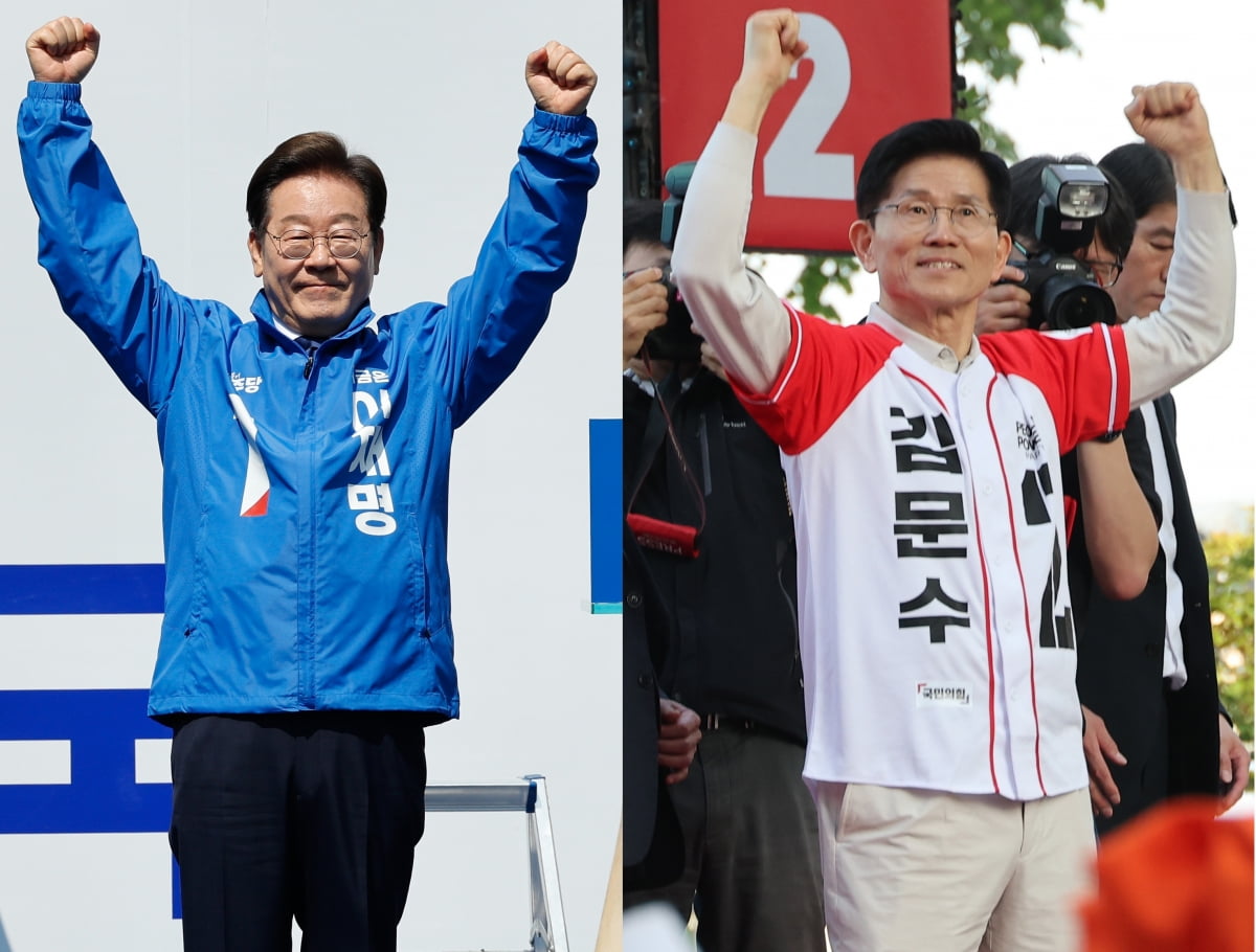 이재명 더불어민주당 대통령 후보(왼쪽), 김문수 국민의힘 후보가 제21대 대통령 선거 공식 선거운동 첫날인 12일 서울 중구 청계광장, 대구 서문시장에서 각각 지지를 호소하고 있다./ 사진=뉴스1