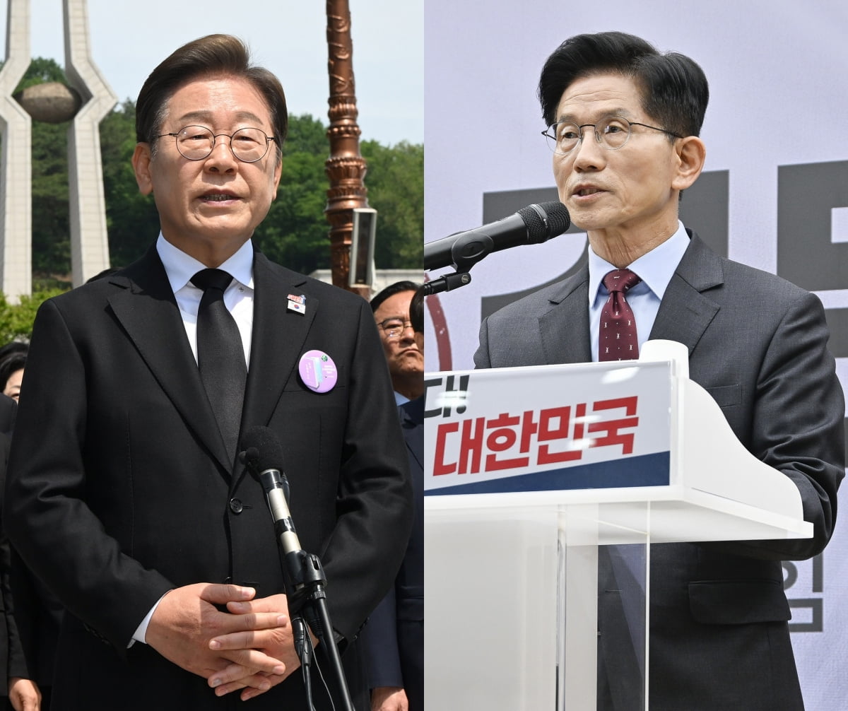 이재명 더불어민주당 토토사이트 계정탈퇴 후보(왼쪽)가 18일 광주 북구 국립5·18민주묘지에서 열린 '제45주기 5·18 민주화운동기념식'에 참석한 뒤 취재진 질문에 답하고 있다. 오른쪽은 여의도 당사에서 경제 분야 공약을 발표하는 김문수 국민의힘 후보. 사진=뉴스1